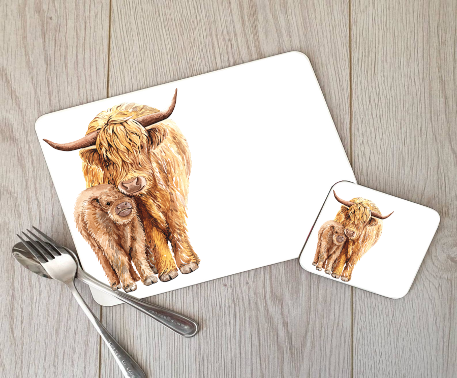 Highland Cow Hardboard Placemat and Coaster Set, Table Setting